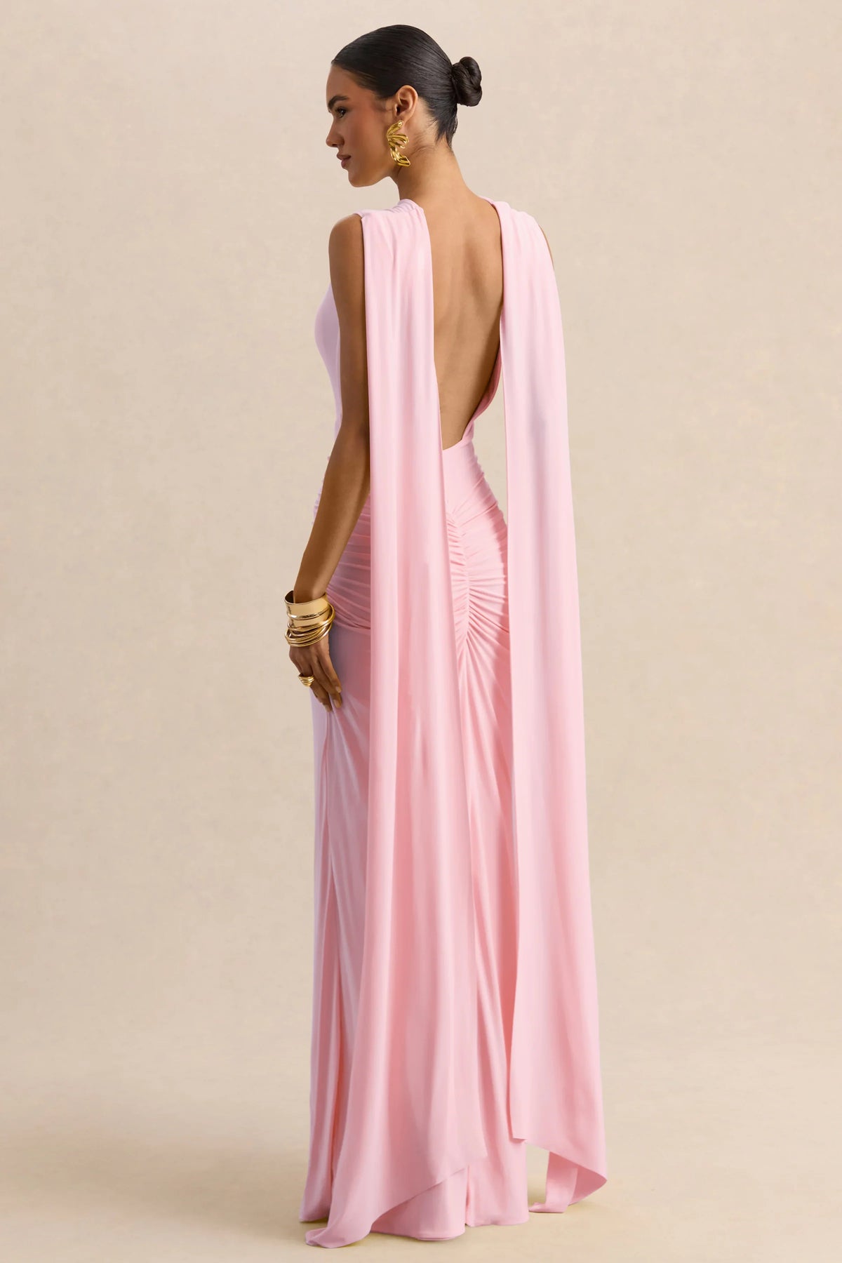 Premiere | Light Pink Boat-Neck Maxi Dress With Cape-Sleeves And Open-Back