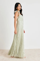 Cahlia Sage Floral Burnout Pleated Maxi Dress