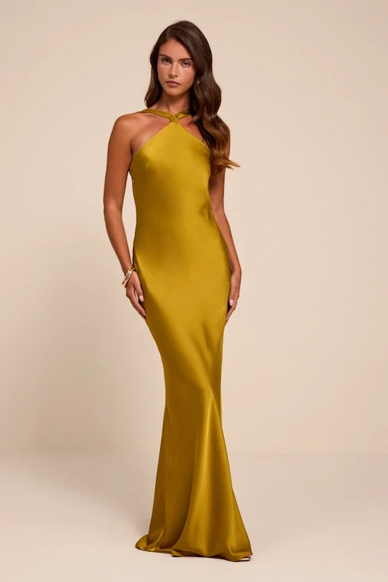 Sienna Chartreuse Satin Backless Maxi Dress