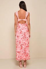 Endlessly Cute Pink Floral Mesh Cutout Lace Bustier Maxi Dress