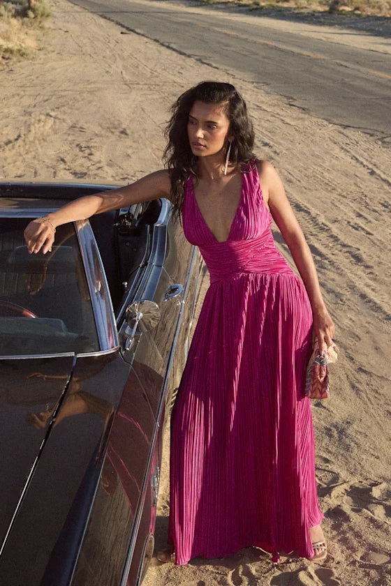 Evaluna Berry Pink Plisse Maxi Dress