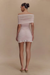 Caspian Slinky And Mesh Off Shoulder Mini Dress - Pale Pink